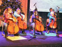 Die Cello-Mäuse spielen mit ihren Instrumenten bei der VW-Betriebsversammlung.