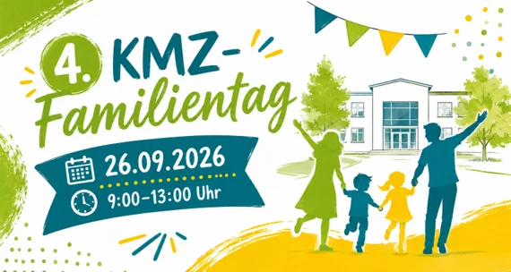 Ein bunt gezeichnetes Bild, auf dem eine Familie auf ein Gebäude zuläuft. Daneben steht in großen Buchstaben 4. KMZ-Familientag, 26.09.2026, 09:00 - 13:00 Uhr