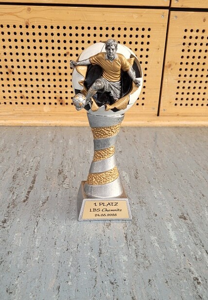Ein Pokal in den Farben gold und silber. Die Kuppe hat die Form eines Fußballs, in dem ein Fußballspieler mit goldemen Trikot integriert ist.