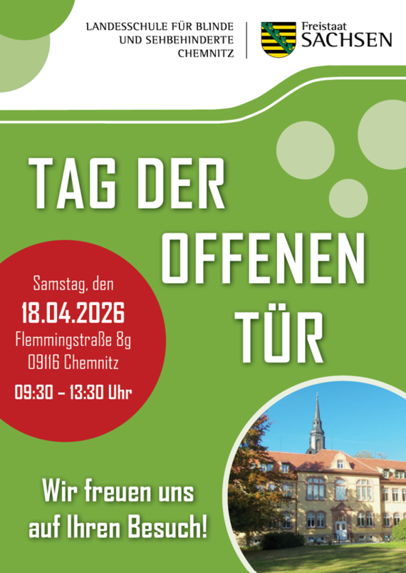 Ein Plakat, auf dem zum Tag der offenen Tür am 18.04.2026 eingeladen wird. Darauf abgebildet ist das Haus 2 der Landesschule.