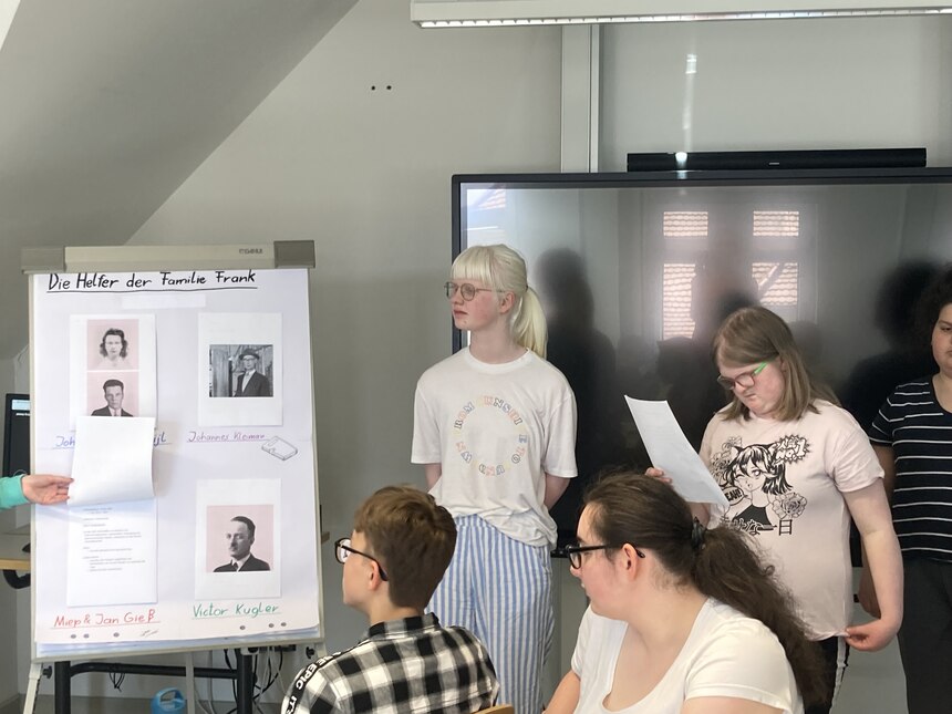 Eine Gruppe von Jugendlichen steht in einem Raum und blickt auf eine Informationstafel. An dieser befinden sich verschiedene Bilder und Texte unter der Überschrift "Die Helfer der Familie Frank"