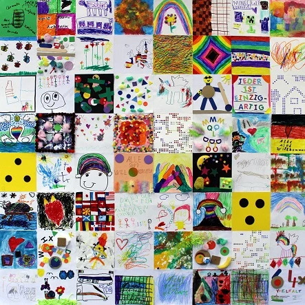 Ein großes, buntes Bild mit 64 einzelnen Quadraten, die individuell gestaltet sind.